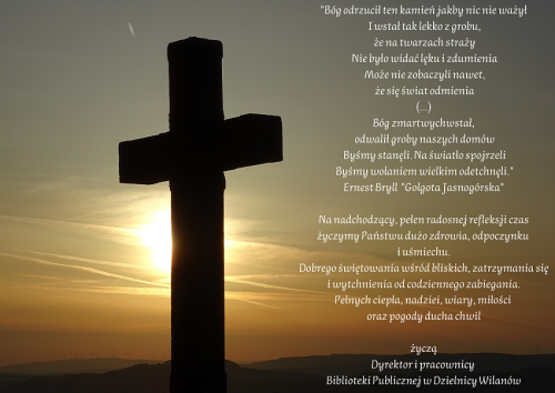 Krzyż na tle słońca, po prawej życzenia
