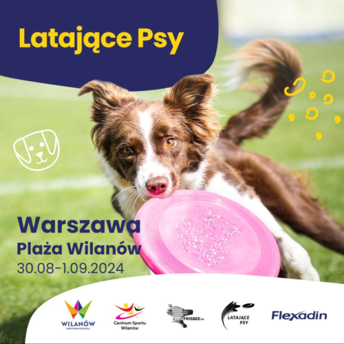 pies z różowym frisbie w pysku, trawa w tle. Napis Latające Psy, Warszawa Plaża Wilanów 30.08-1.09.2024