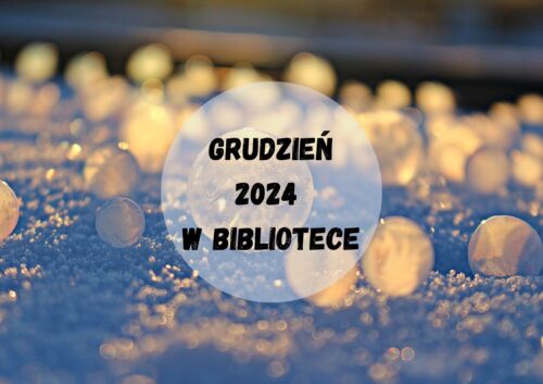 Zdjęcie śniegu i świetlnych odbić. Na środku koło z napisem "Grudzień w Bibliotece"