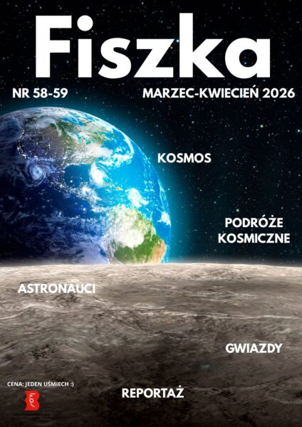 Zdjęcie księżyca i Ziemi widzianej z jego perspektywy. Logo biblioteki. Tekst: nr 58-59, marzec-kwiecień 2026, kosmos, podróże kosmiczne, astronauci, gwiazdy, reportaż.