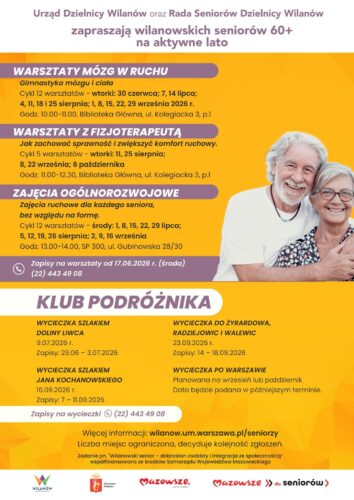 Żółte tło, zdjęcie seniorów, szczegółowe informacje o warsztatach "Mózg w ruchu", warsztatach z fizjoterapeutą, Zajęciach ogólnorozwojowych i klubie podróżnika dla seniorów 60+