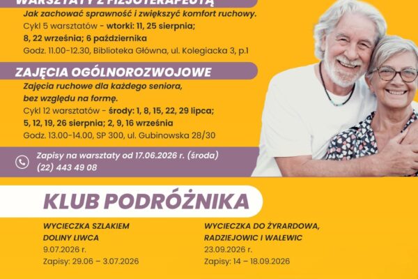 Żółte tło, zdjęcie seniorów, szczegółowe informacje o warsztatach "Mózg w ruchu", warsztatach z fizjoterapeutą, Zajęciach ogólnorozwojowych i klubie podróżnika dla seniorów 60+