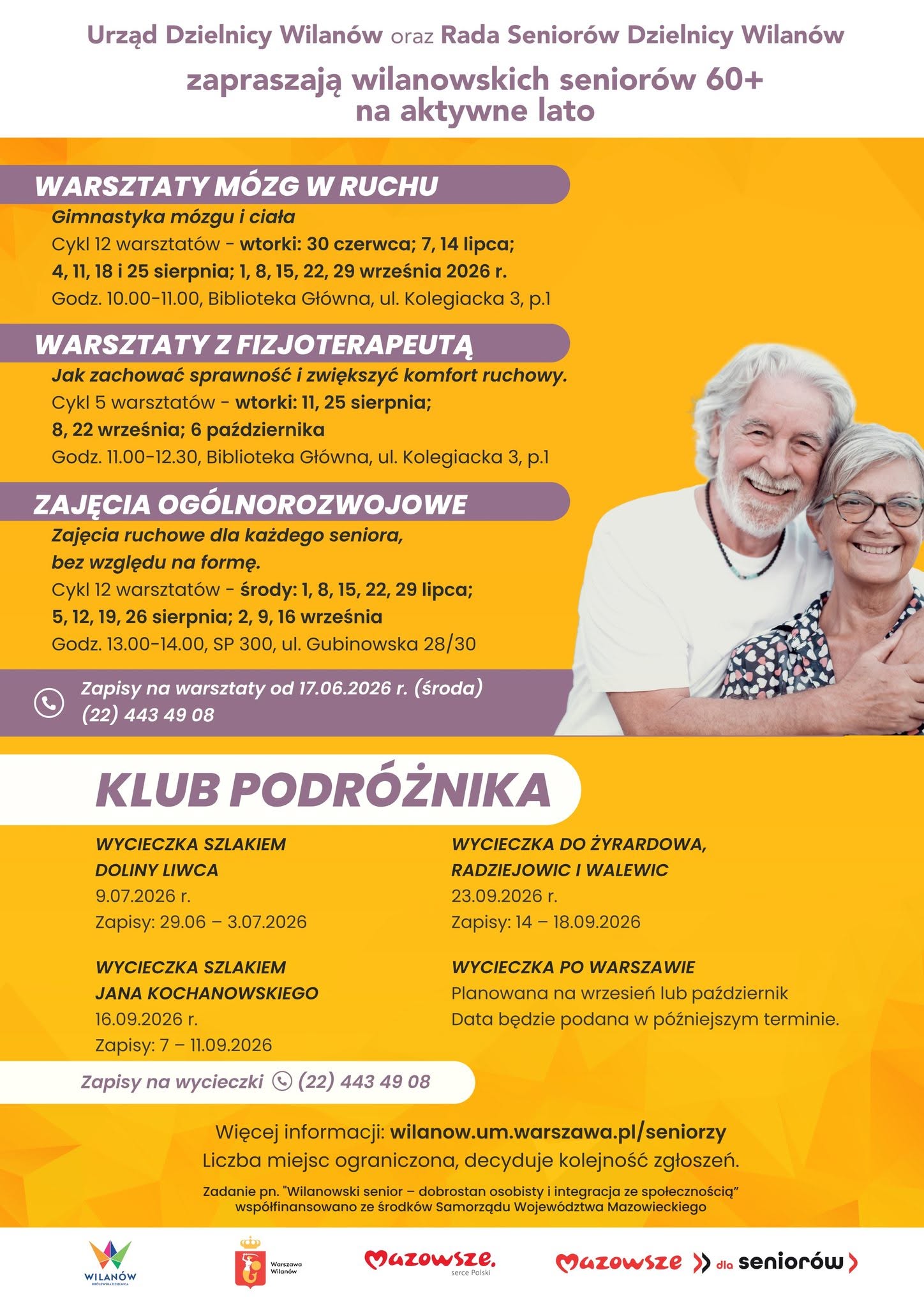 Żółte tło, zdjęcie seniorów, szczegółowe informacje o warsztatach "Mózg w ruchu", warsztatach z fizjoterapeutą, Zajęciach ogólnorozwojowych i klubie podróżnika dla seniorów 60+