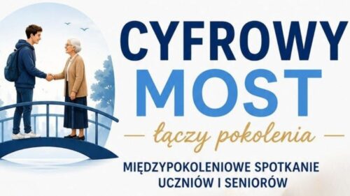 Grafika chłopaka i seniorki na moście. Szare tło. Tekst: Cyfrowy most łączy pokolenia. Międzypokoleniowe spotkanie uczniów i seniorów.