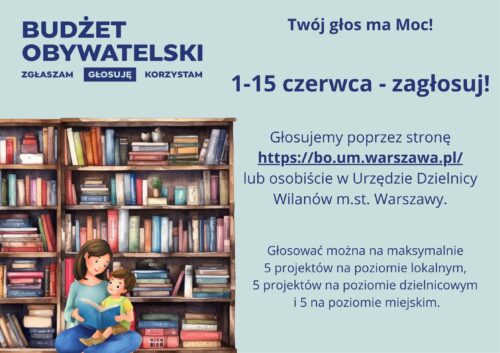 Zielone tło, grafika biblioteczki i mamy czytającej z dzieckiem. Informacja o głosowaniu w Budżecie Obywatelskim.