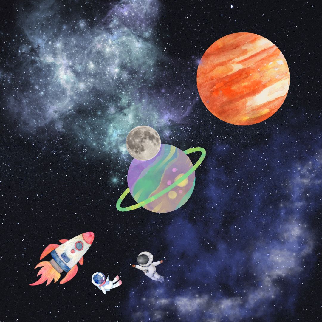 Grafika kosmosu z Marsem i kolorową planetą oraz księżycem. Grafika statku kosmicznego oraz 2 astronautów.