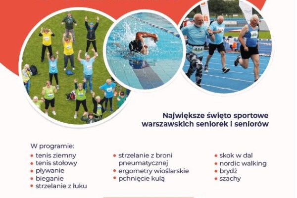 Plakat informujący o 8. Warszawskiej Olimpiadzie Seniorów 19-26 września. Zapisy do 22 czerwca na www.aktywnawarszawa.pl