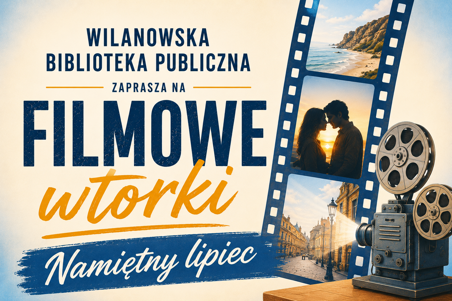 Kremowe tło, grafika projektora oraz taśmy filmowej, na której są morze i klify, para na tle zachodu słońca, ulica miasta z latarnią. Informacja o filmowych wtorkach "Namiętny lipiec".