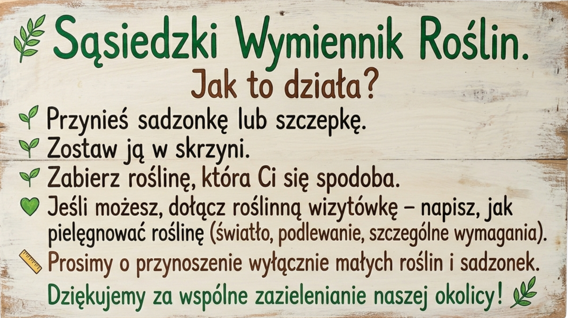 Zbliżenie na tabliczkę z tekstem: Sąsiedzki Wymiennik Roślin Jak to działa? Przynieś sadzonkę lub szczepkę. Zostaw ją w skrzyni. Zabierz roślinę, która Ci się spodoba. Jeśli możesz, dołącz roślinną wizytówkę – napisz, jak pielęgnować roślinę (światło, podlewanie, szczególne wymagania). Prosimy o przynoszenie wyłącznie małych roślin i sadzonek. Dziękujemy za wspólne zazielenianie naszej okolicy!
