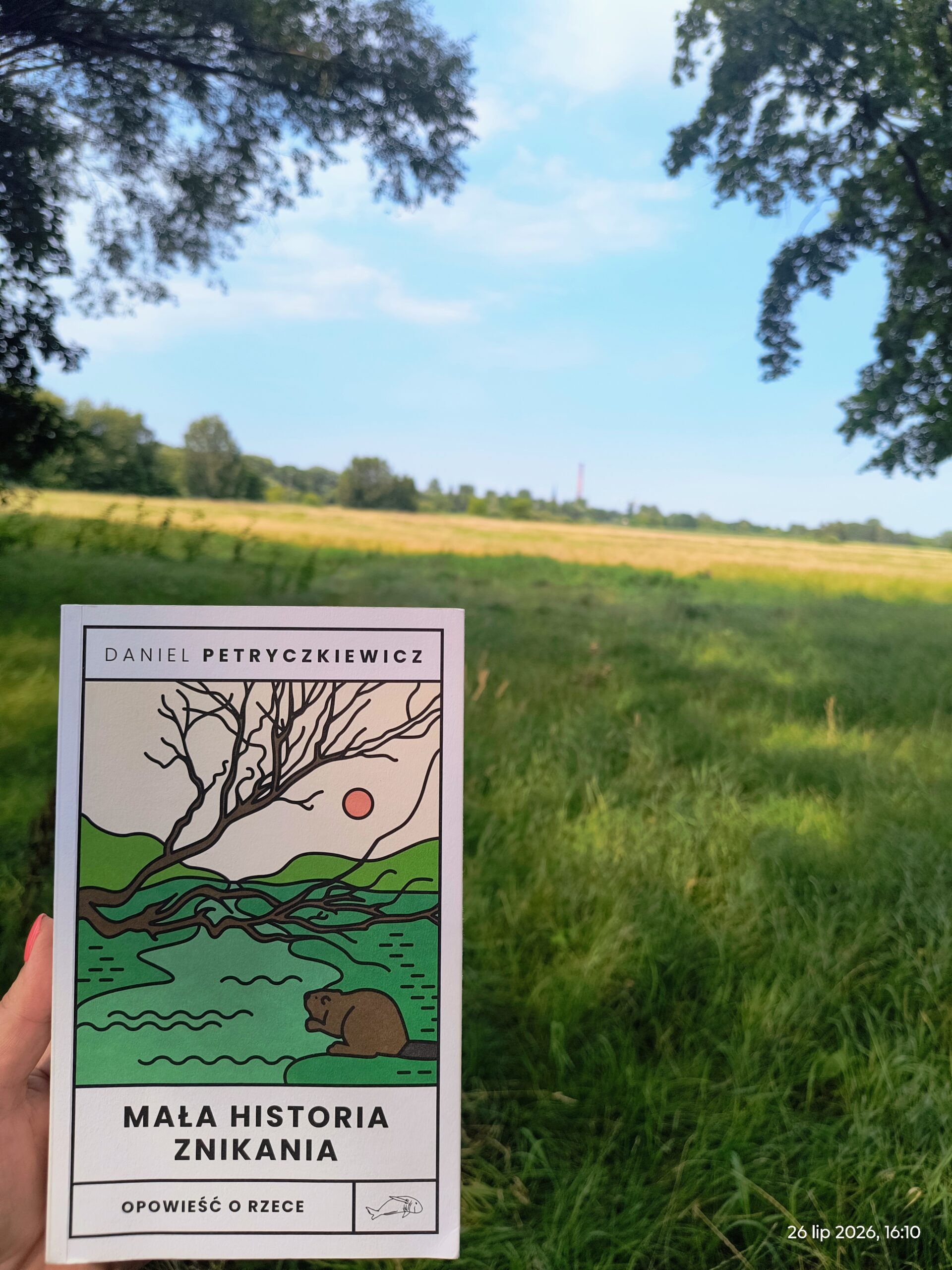 Zdjęcie książki "Mała historia znikania" na tle pola i drzew.