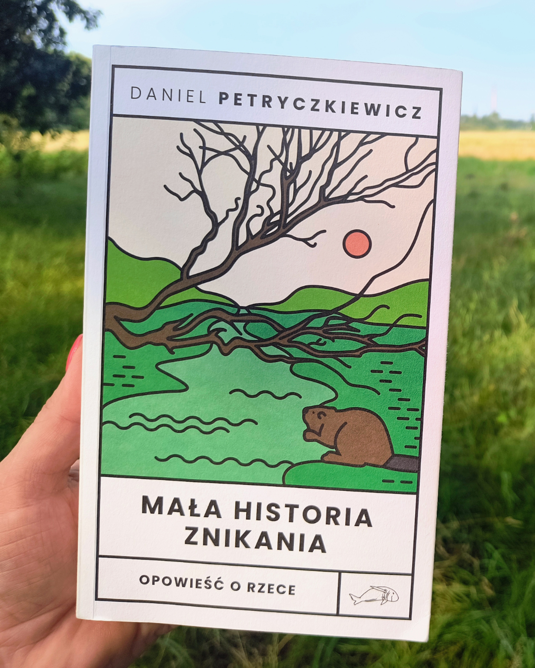 Okładka książki "Mała historia znikania. Opowieść o rzece" na tle łąki