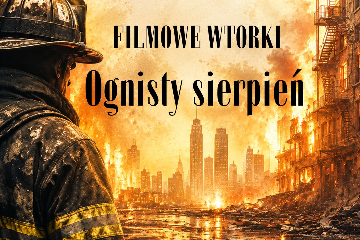 Grafika płonącego miasta i strażaka patrzącego w jego stronę. Tekst: Filmowe wtorki Ognisty sierpień