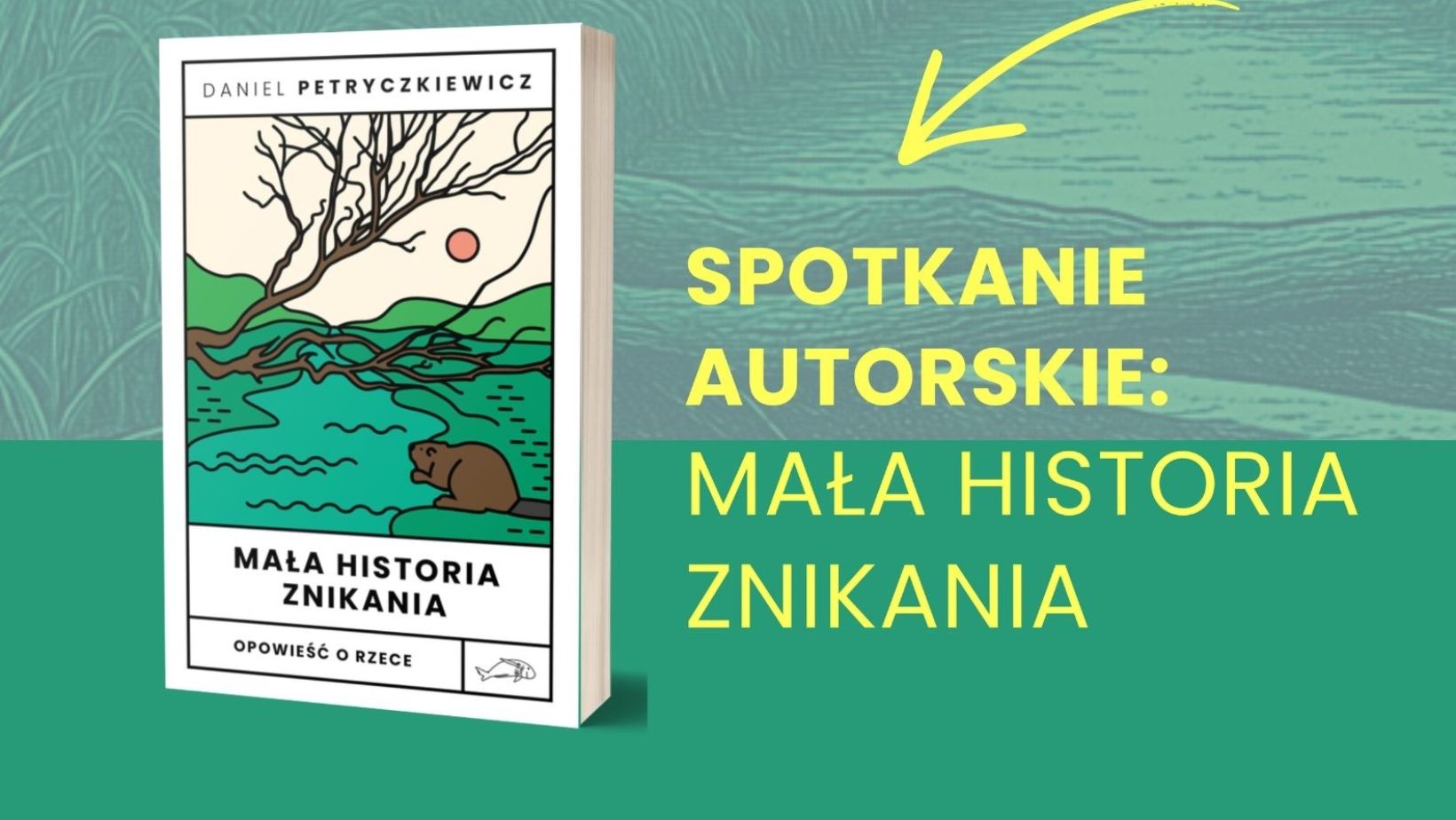 Zielone tło. Grafika książki "Mała historia znikania". Tekst: Spotkanie autorskie: Mała historia znikania".