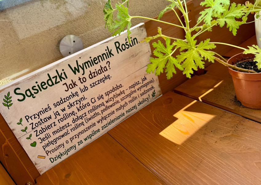 Zbliżenie na wnętrze skrzyni, a w niej 3 sadzonki w doniczkach, oraz tabliczka, na niej napis: Sąsiedzki Wymiennik Roślin Jak to działa? Przynieś sadzonkę lub szczepkę. Zostaw ją w skrzyni. Zabierz roślinę, która Ci się spodoba. Jeśli możesz, dołącz roślinną wizytówkę – napisz, jak pielęgnować roślinę (światło, podlewanie, szczególne wymagania). Prosimy o przynoszenie wyłącznie małych roślin i sadzonek. Dziękujemy za wspólne zazielenianie naszej okolicy!