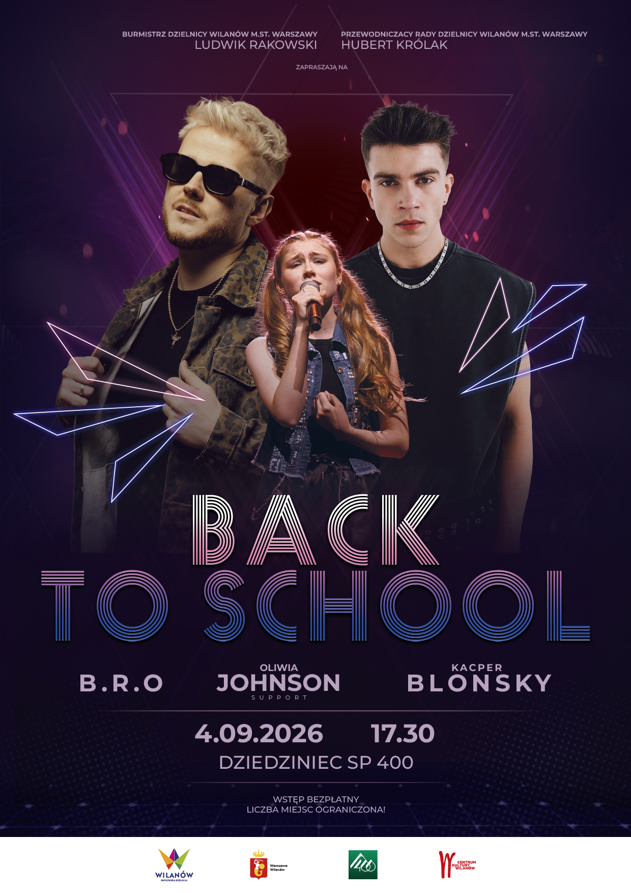 Ciemnofioletowe tło, zdjęcie B.R.O, Oliwi Johnson i Kacpra Blonsky. Informacja o wydarzeniu Back to school, 4 września, godz. 17:30, dziedziniec SP 400.