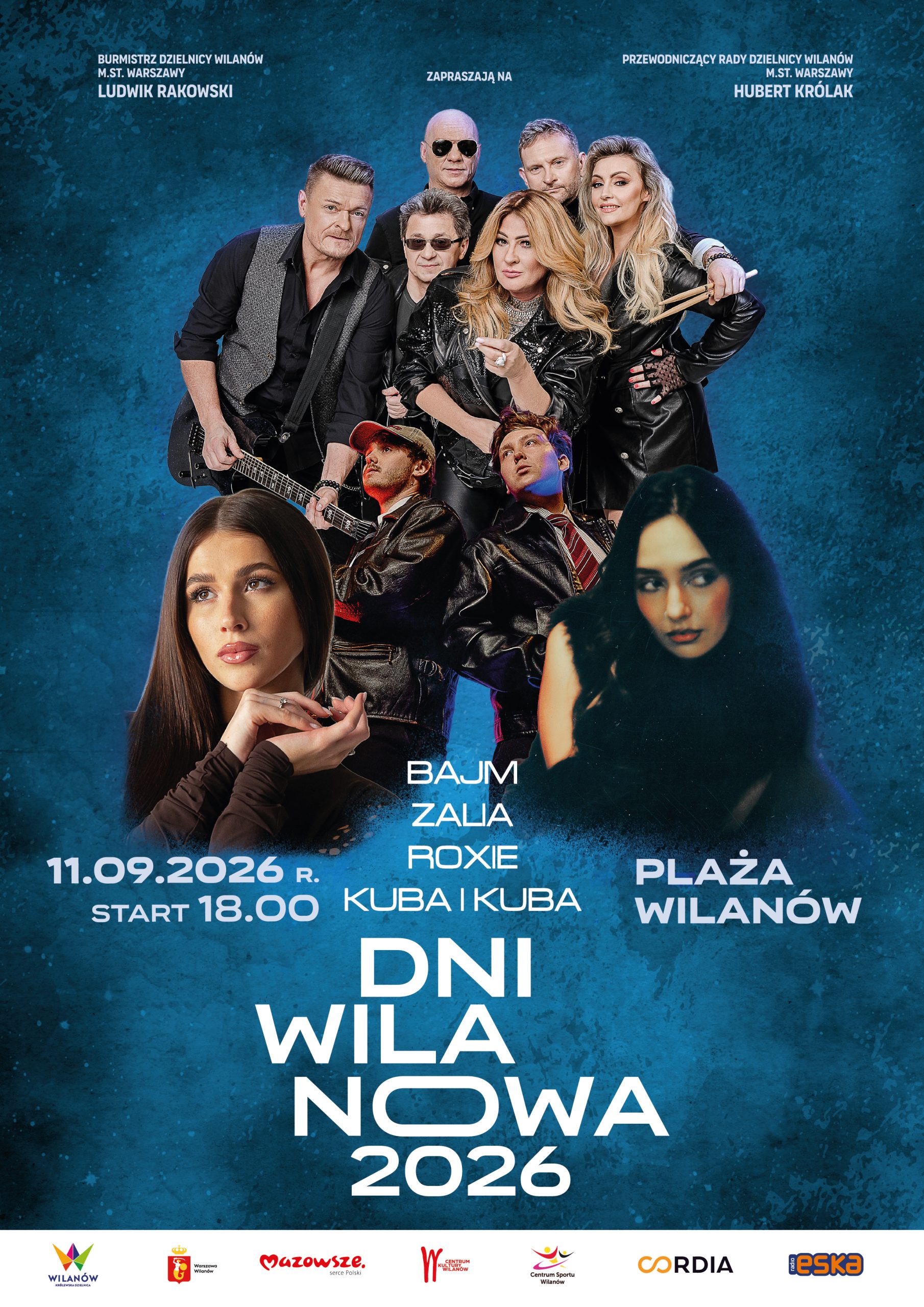 Niebieskie tło, zdjęcie Bajmu, Zalii, Roxie, Kuby i Kuby. Informacja o koncercie z okazji Dni Wilanowa 2026, 11 września, godz. 18:00 Plaża Wilanów.