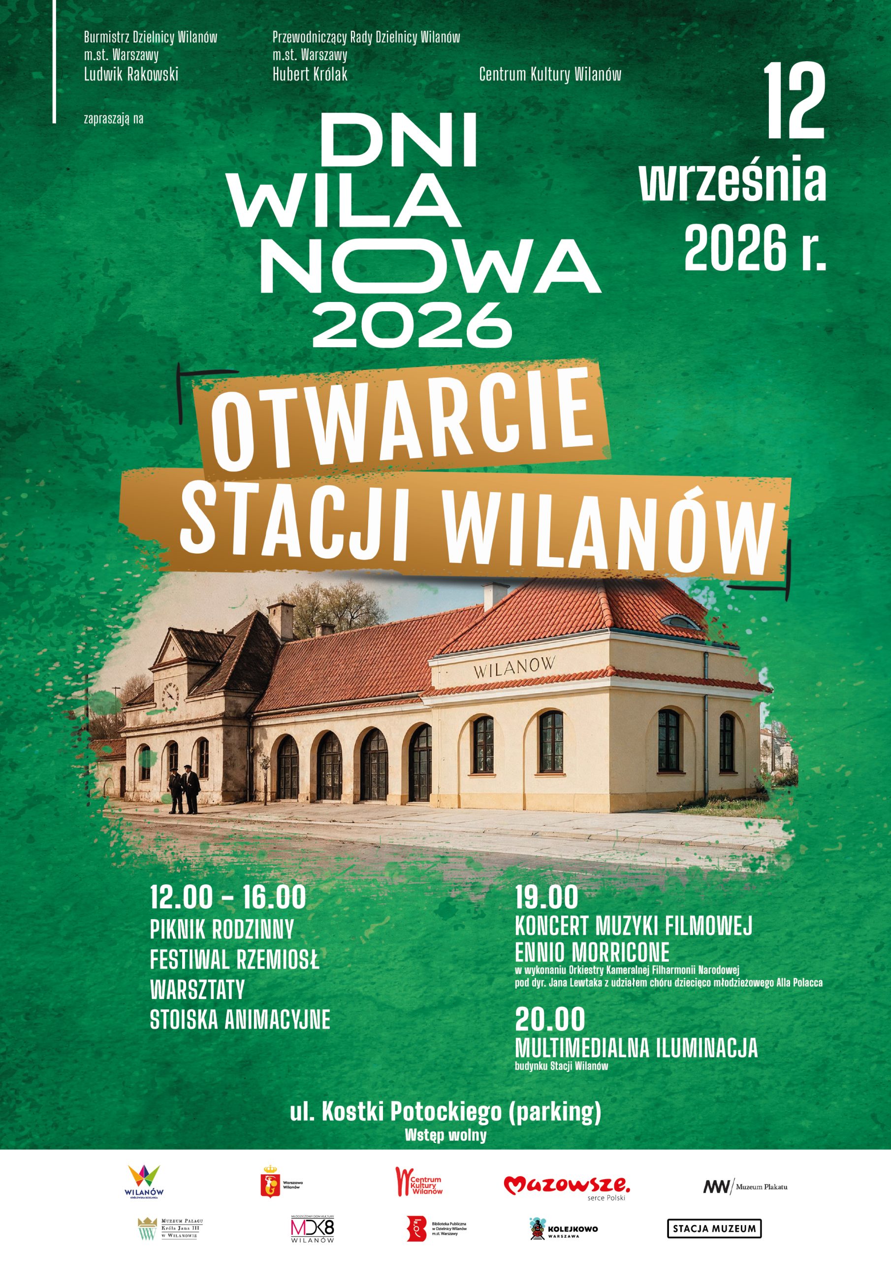 Zielone tło, zdjęcie odnowionej stacji Wilanów. Na dole pasek z logotypami. Informacja o otwarciu Stacji Wilanów z okazji Dni Wilanowa 2026. 12 września, godz. 12:00-16:00 Piknik, festiwal rzemiosł, warsztaty, stoiska animacyjne, godz. 19:00 koncert muzyki filmowej Ennio Morricone, godz. 20:00 multimedialna iluminacja