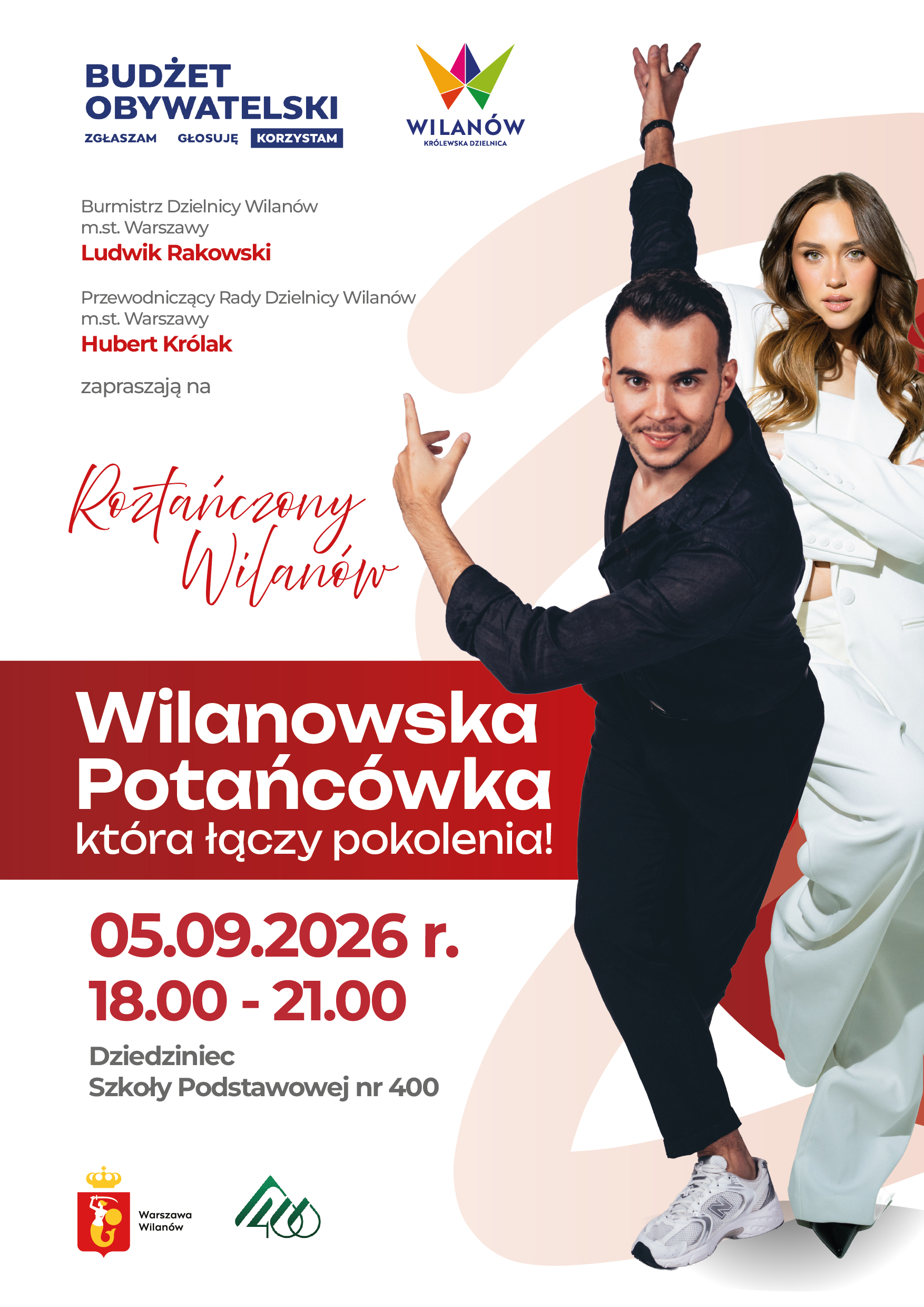 Białe tło, zdjęcie tancerzy. Informacja o Wilanowskiej potańcówce, która łączy pokolenia. 5 września, godz. 18:00-21:00, dziedziniec SP nr 400.