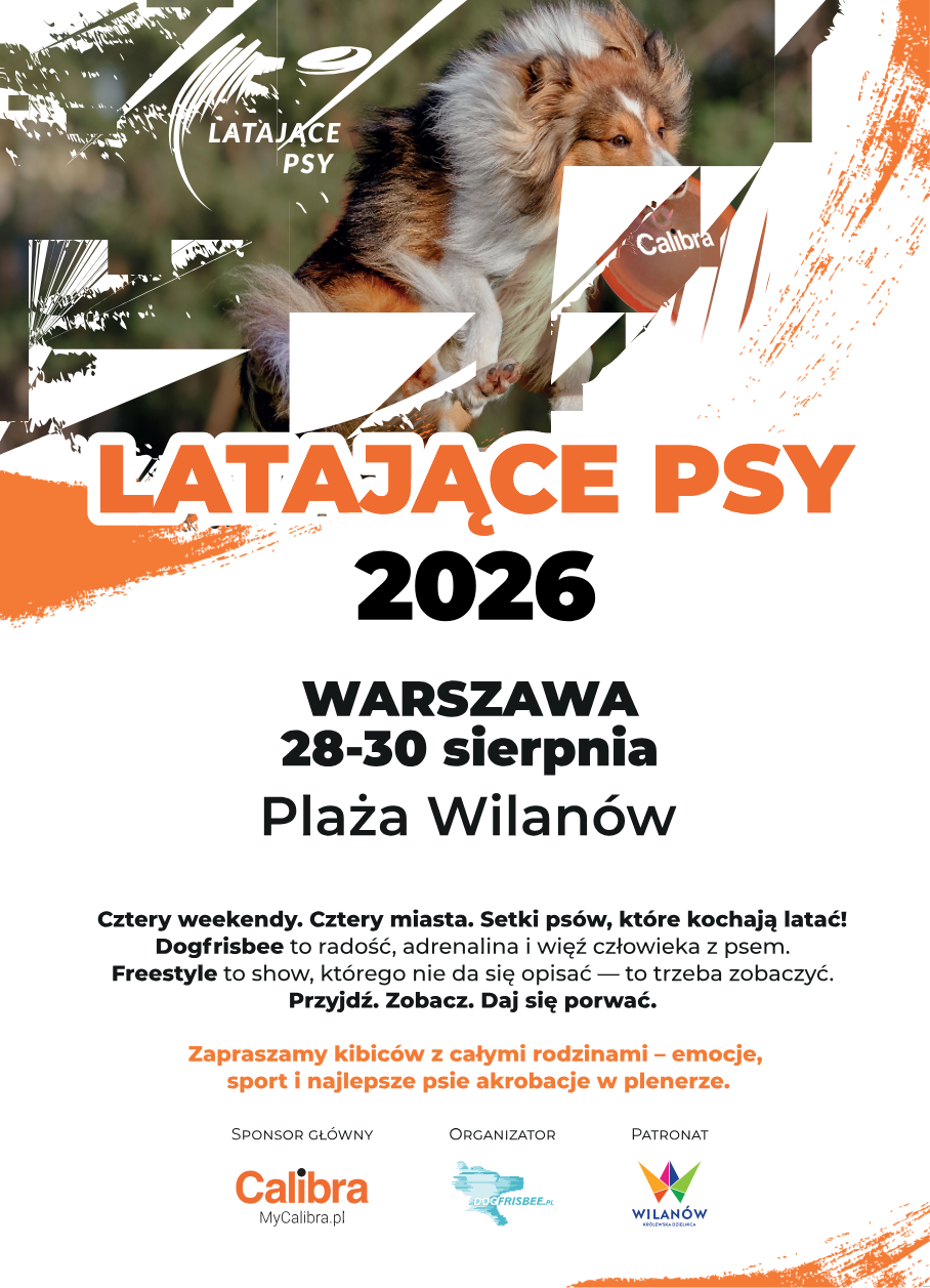 Białe tło, zdjęcie psa. Informacja o Latających psach 2026, 28-30 sierpnia, Plaża Wilanów.